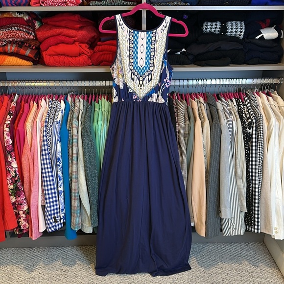 Sherosa navy/yellow/white print sleeveless elastic waistband maxi dress size M - Picture 3 of 3